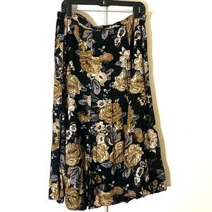 White Stag Black Floral Midi Skirt with Gold and Cream Flowers